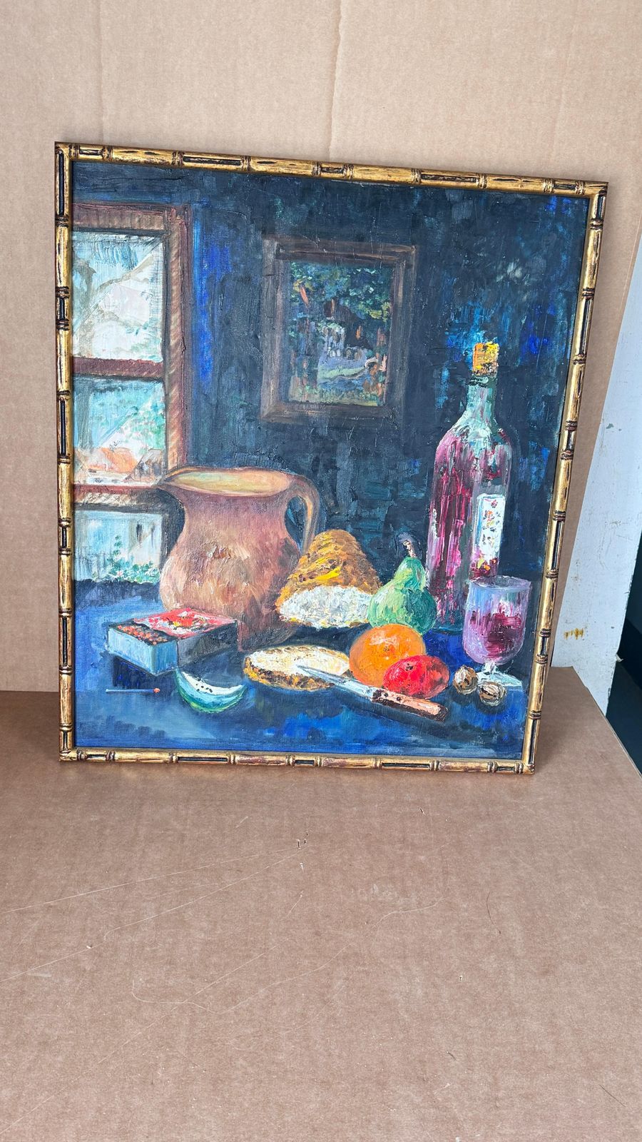 photo vintage 1970s French Still Life Painting, Bold Colors & Thick Texture, Faux Bamboo Gilde