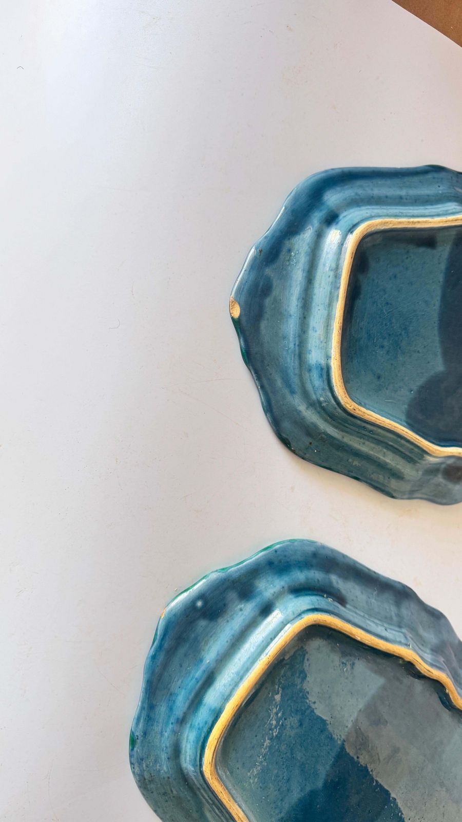 Pair Of 1970s French Ceramic Serving Dishes, Layered Rim Design, Green, Yellow photo Home Decor