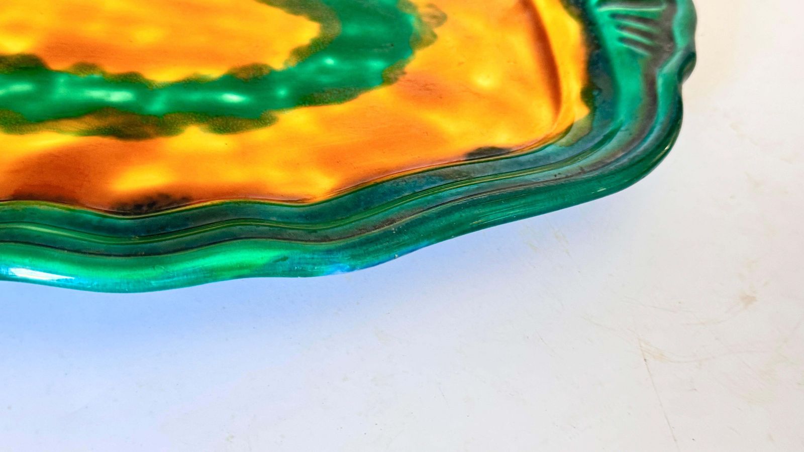 photo for sale Pair Of 1970s French Ceramic Serving Dishes, Layered Rim Design, Green, Yellow