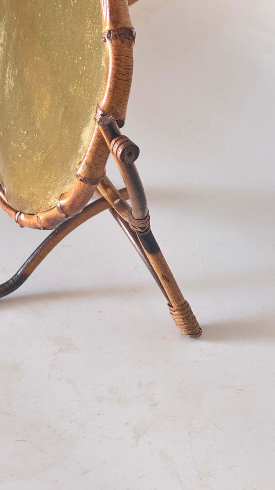 1960s French Riviera Tripod Table Mirror In Rattan, Adjustable Circular Design photo furniture
