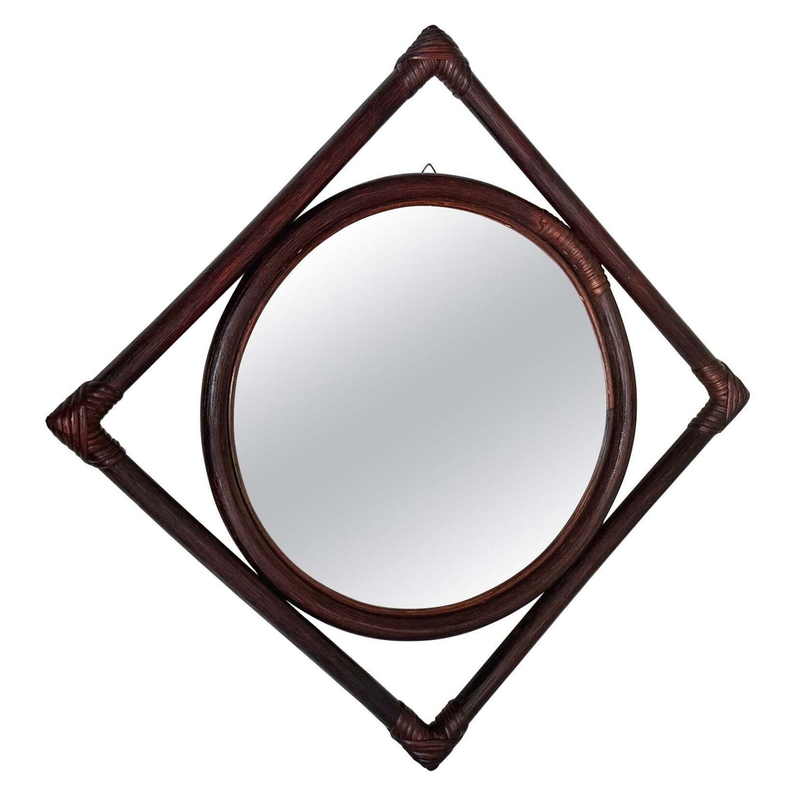 1960s French Rattan Mirror, Convertible Triangle To Square Design