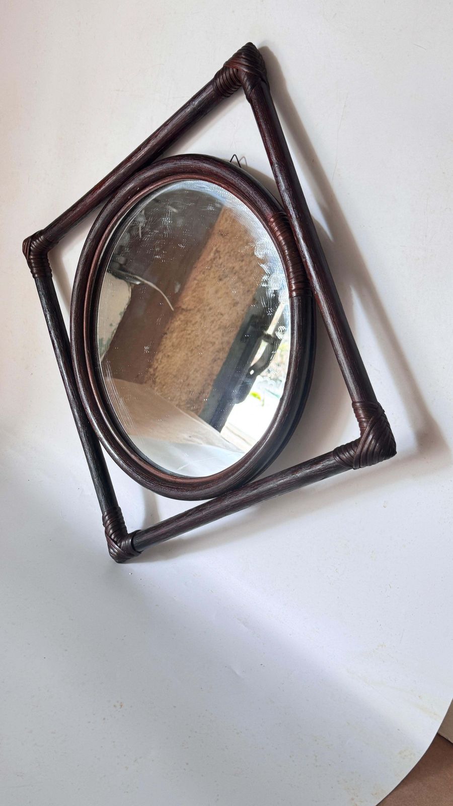 1960s French Rattan Mirror, Convertible Triangle To Square Design photo vinterior