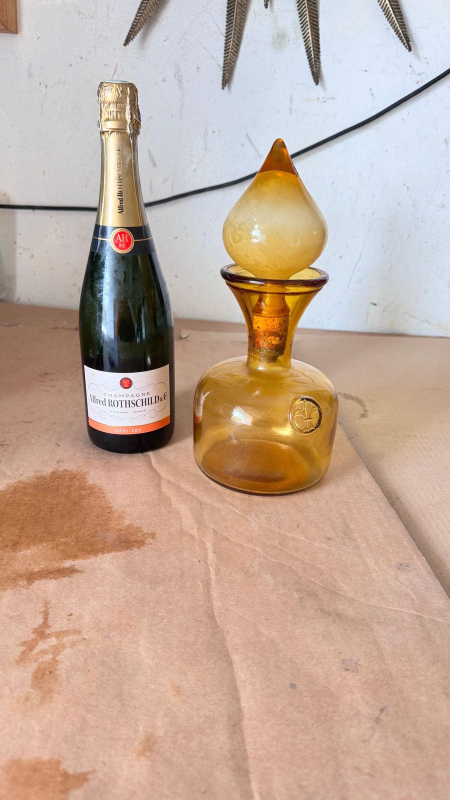 1960s Italian Art Glass Bottle With Large Blown Glass Stopper, Yellow Orange Hue photo furniture