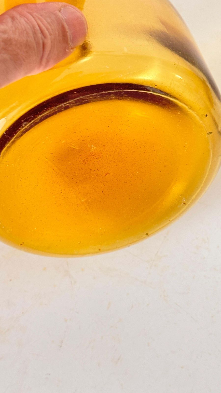 1960s Italian Art Glass Bottle With Large Blown Glass Stopper, Yellow Orange Hue photo vinterior
