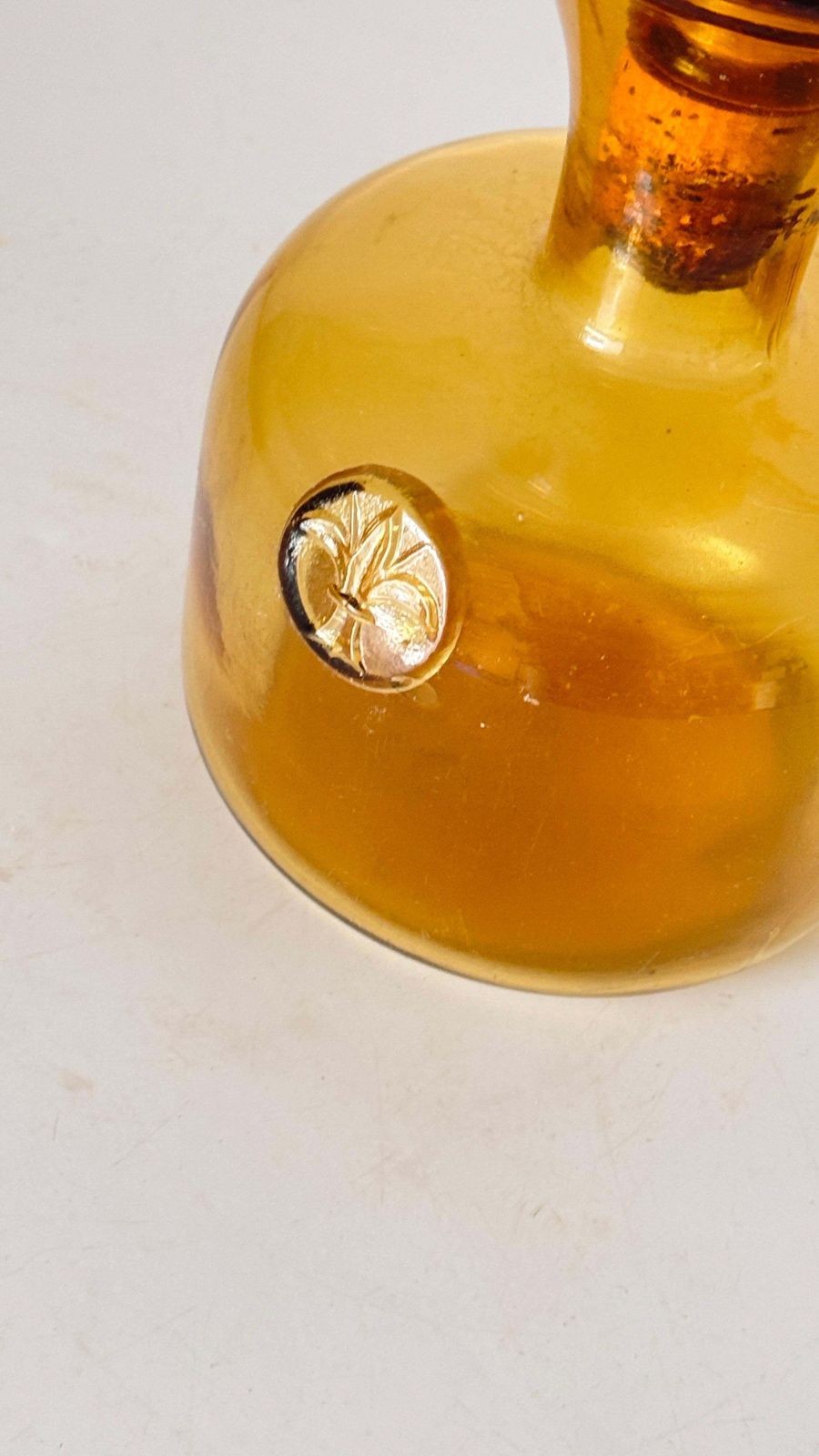 photo furniture 1960s Italian Art Glass Bottle With Large Blown Glass Stopper, Yellow Orange Hue