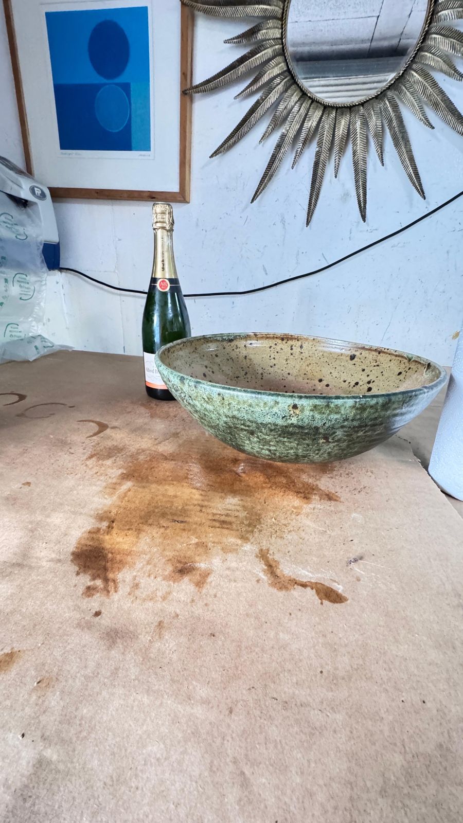 Scandinavian Stoneware Bowl, Green & Earth Toned Glaze, Decorative 1960s photo Home Decor