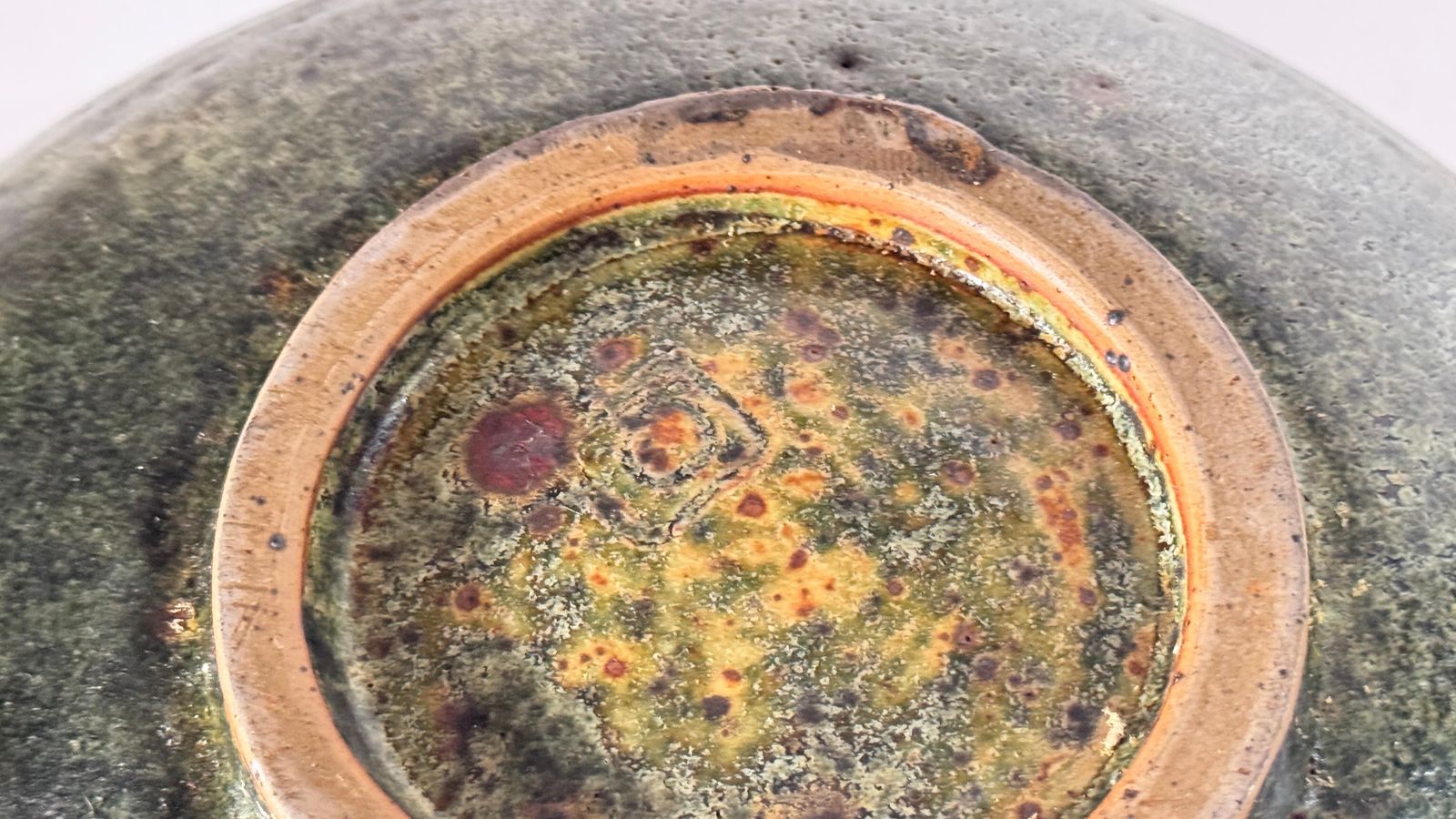 photo for sale Scandinavian Stoneware Bowl, Green & Earth Toned Glaze, Decorative 1960s