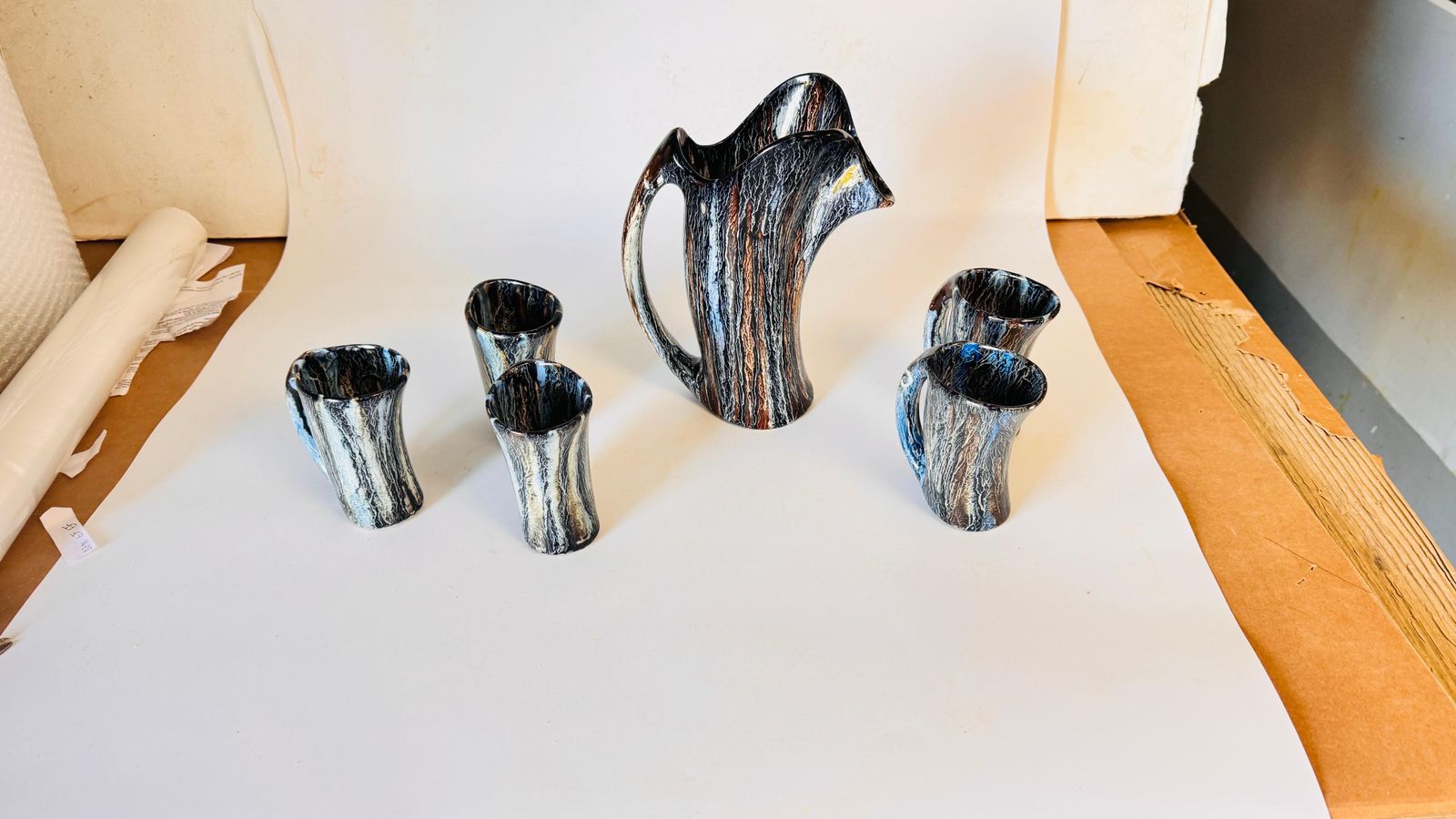 photo furniture 1960s Ceramic Orangeade Set With Pitcher And Mugs, Freeform Design, Vallauris