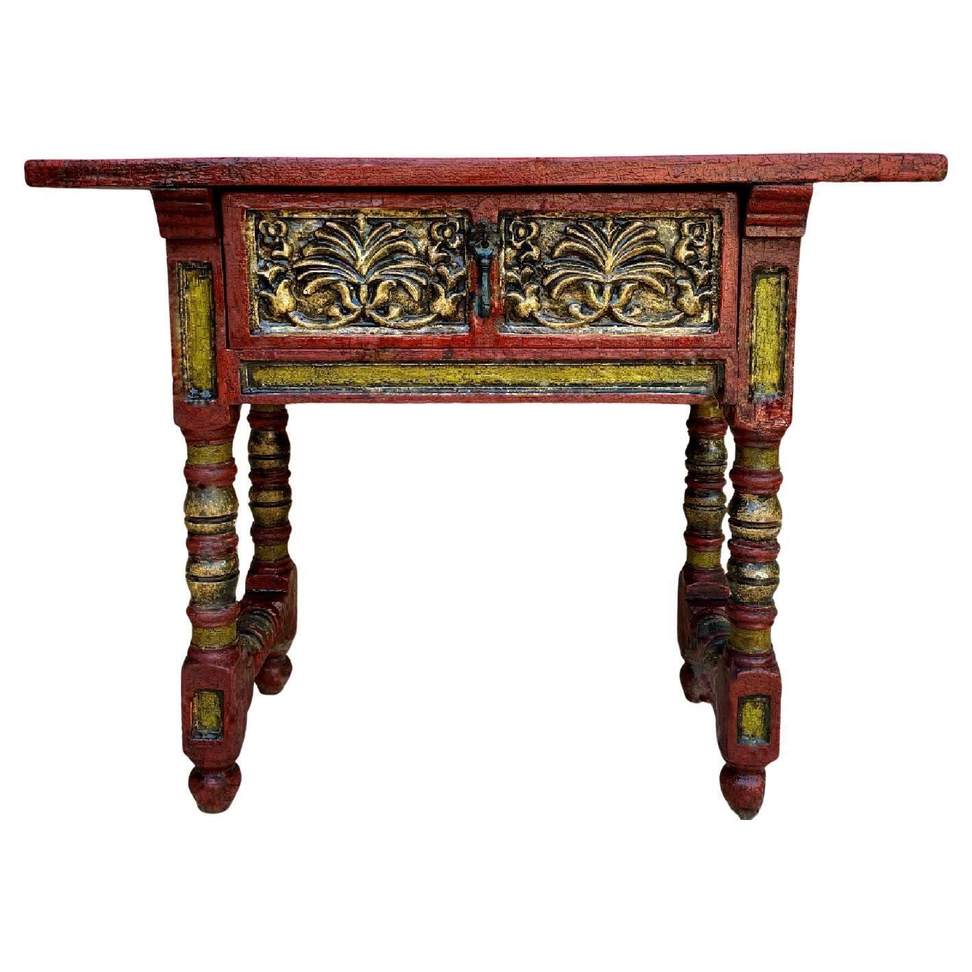 Red Lacquered Console Table With Gilt Accents And Carved Apron, 1940s