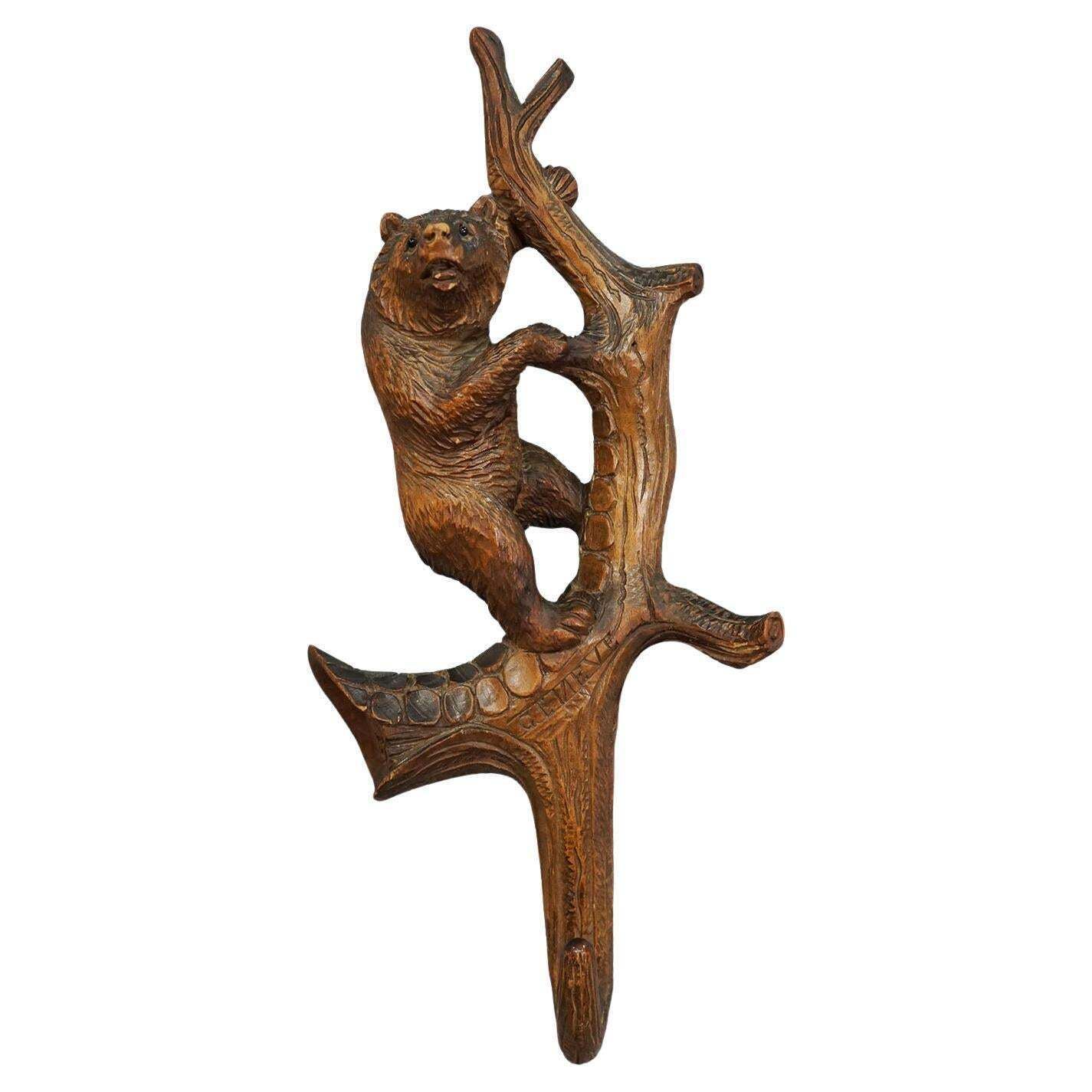 Lovely Black Forest Carved Whip Holder With Bear Ca. 1900s