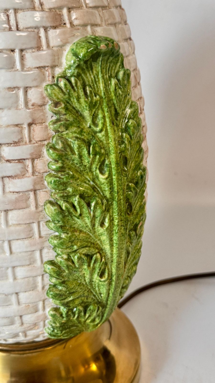 Table Lamp In Brass And Old Patinated Ceramic Green And White Color France 1970 photo vintage
