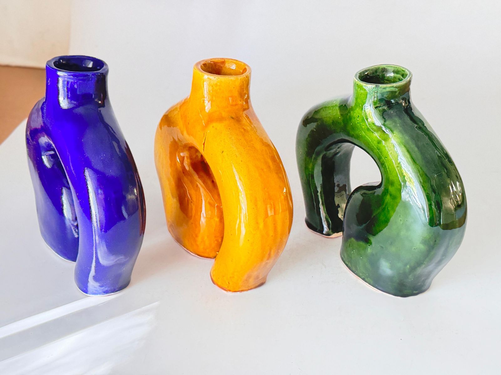 photo for sale Vase In Enameled Ceramic Green, Blue And White Italy 1970 Set Of 3