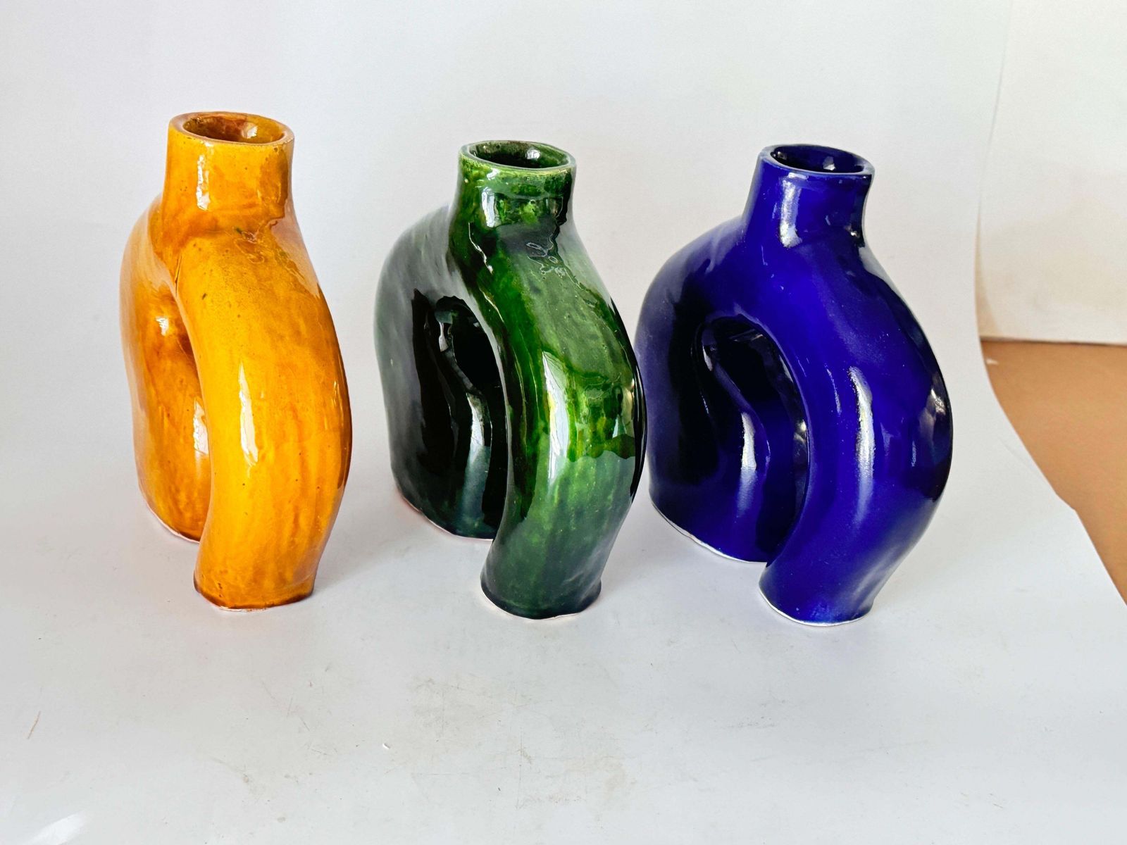 Home Decor Vase In Enameled Ceramic Green, Blue And White Italy 1970 Set Of 3 photo