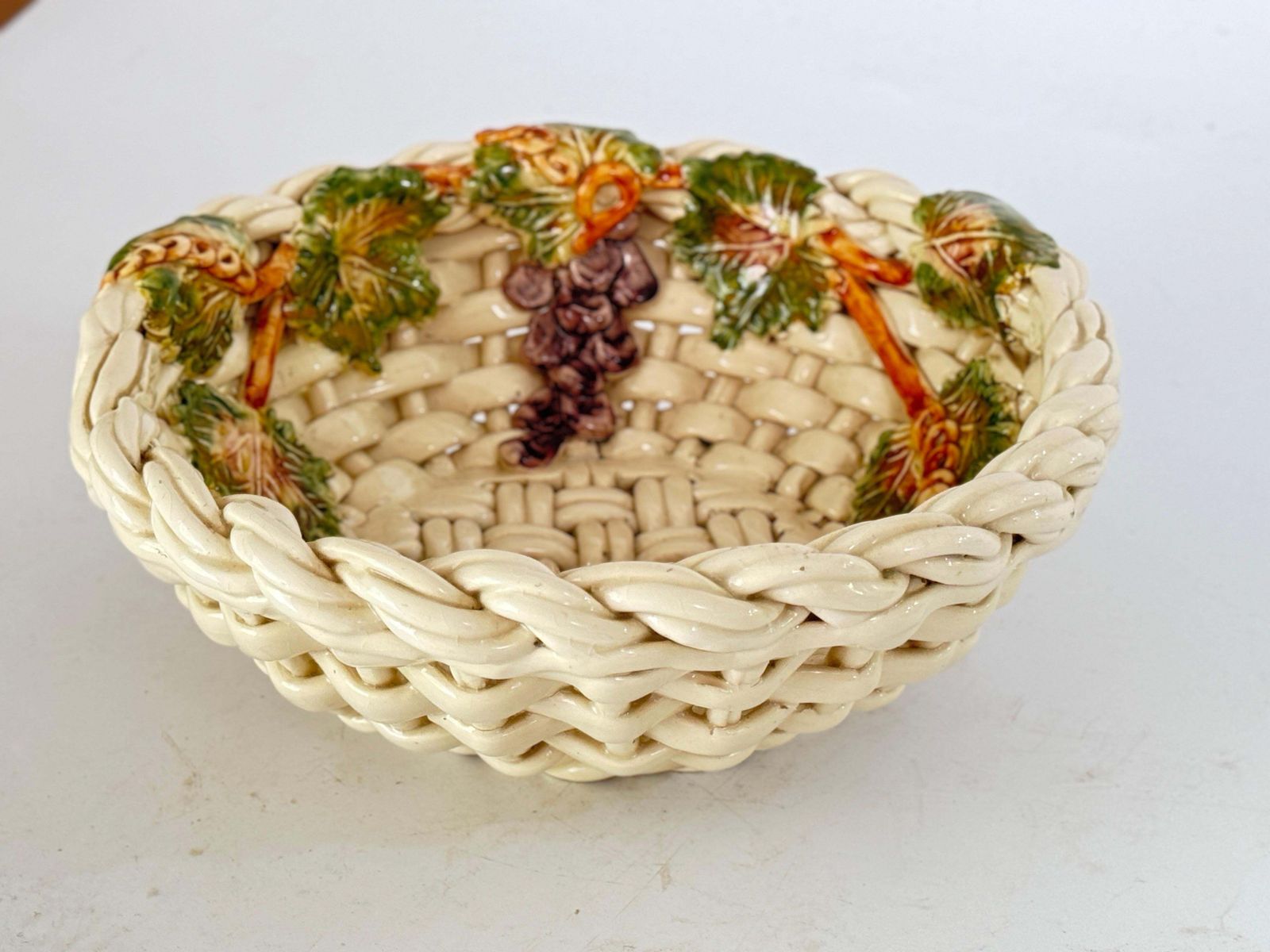 Large Vintage Portugese Majolica Pottery Fruit Bowl Table Centerpiece photo vintage