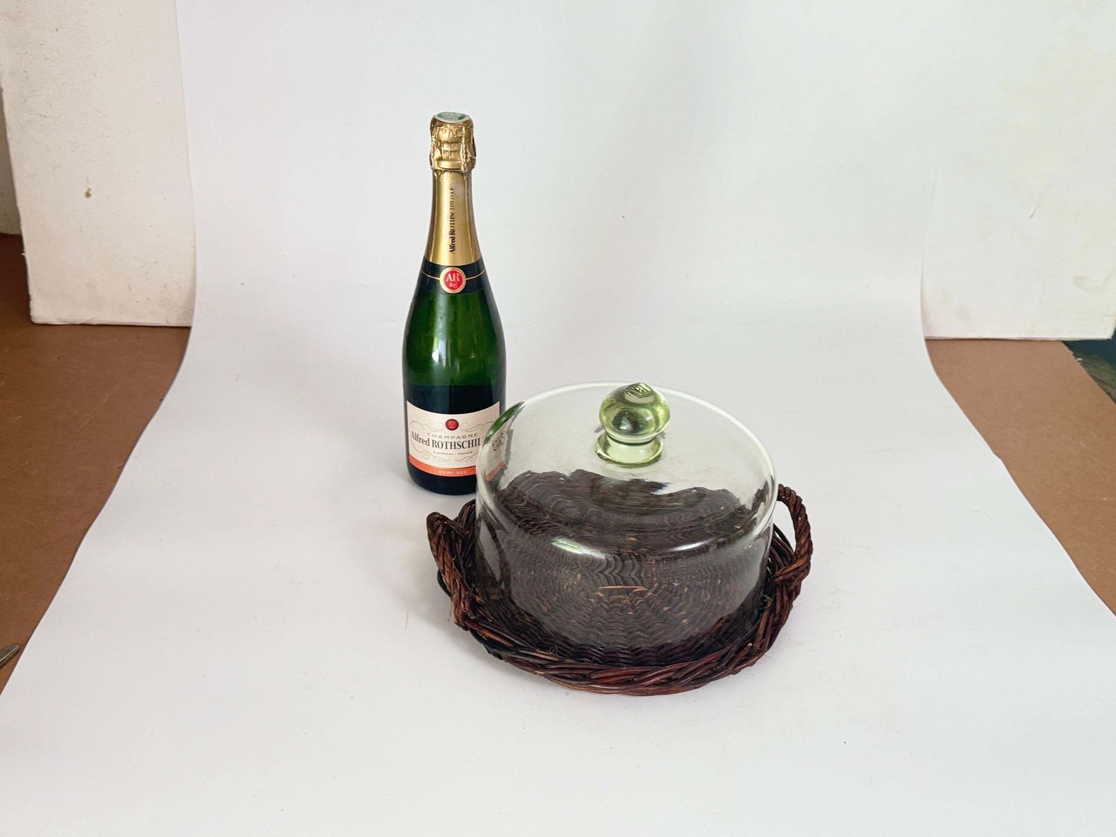 Serving Tray Cloche Plate Bell In Rattan And Glass Italy, 1970s photo furniture