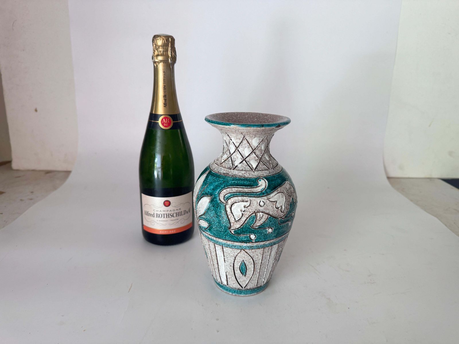 Vase In Enameled Ceramic Green And White Italy 1970 Signed photo furniture