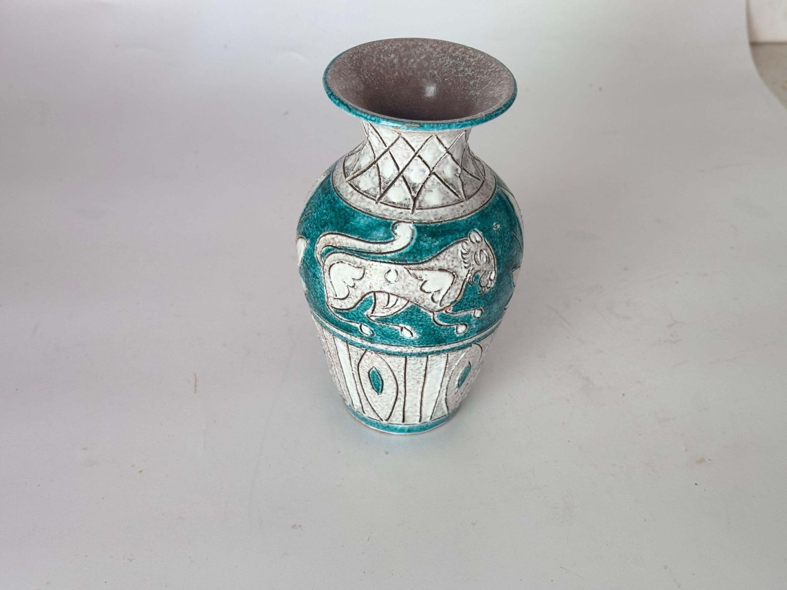 Vase In Enameled Ceramic Green And White Italy 1970 Signed photo buy