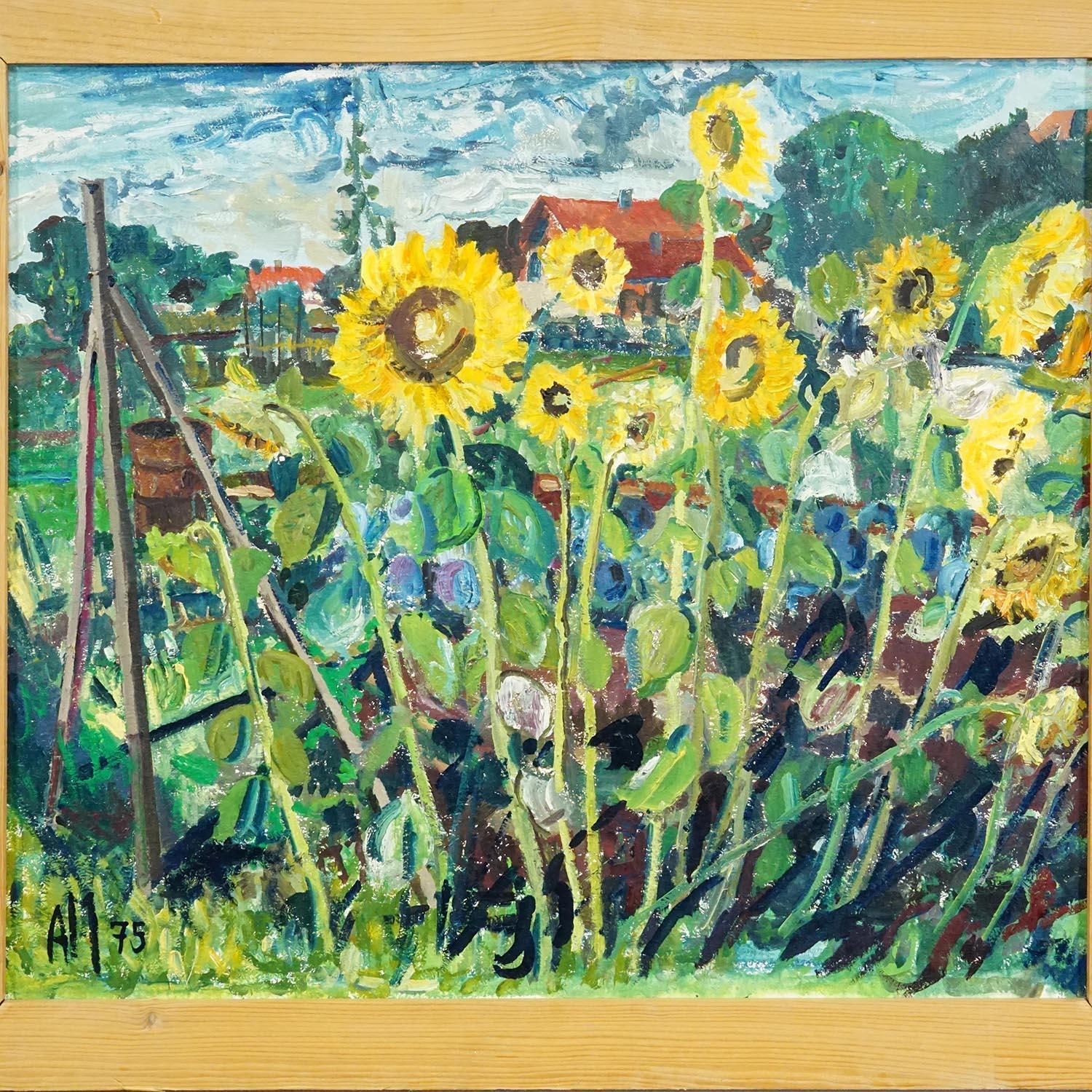 Alexander Michael Oil Painting Of A Lively Field Of Sunflowers 1975 photo for sale