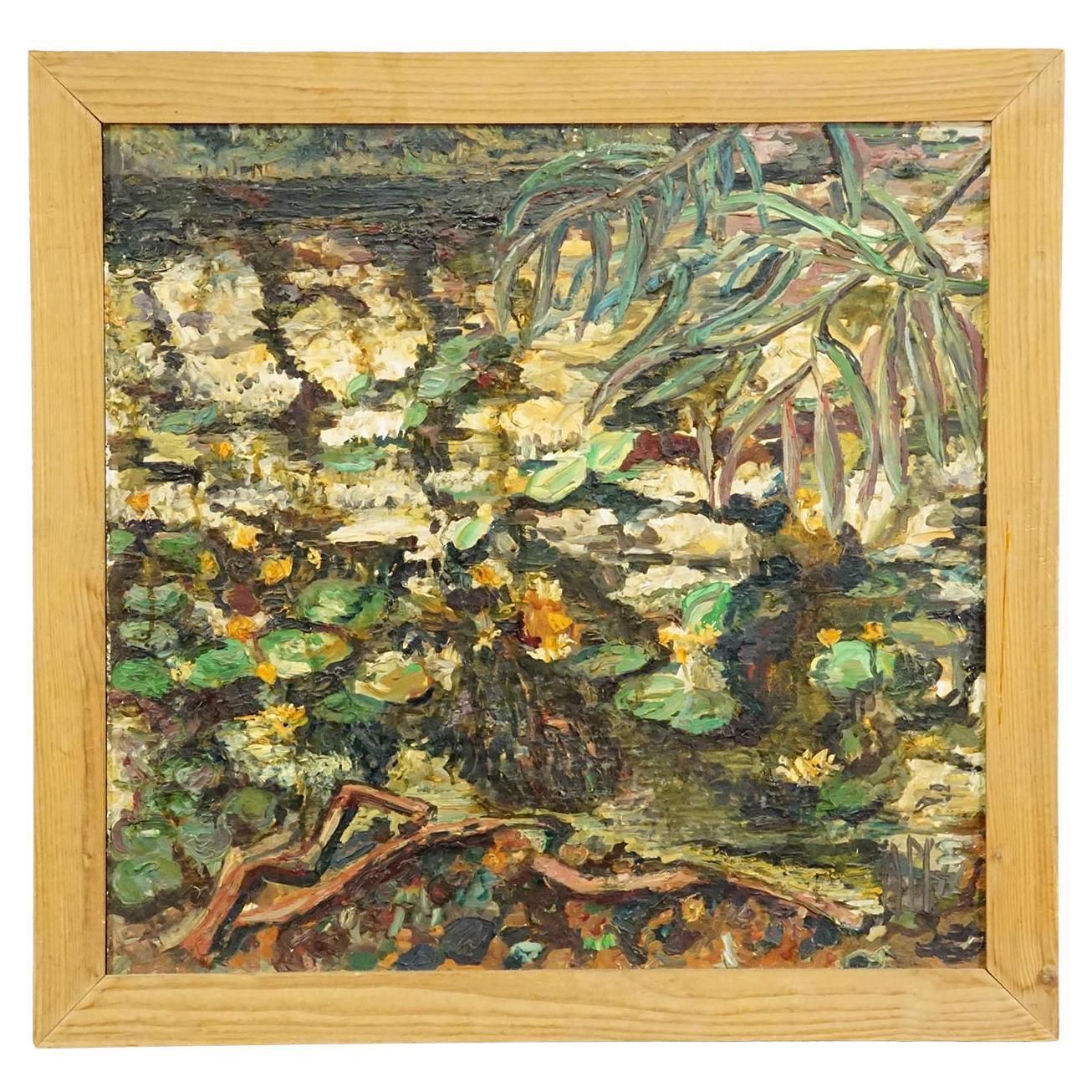 Alexander Michael Oil Painting Of A Pont With Water Lilies 1972