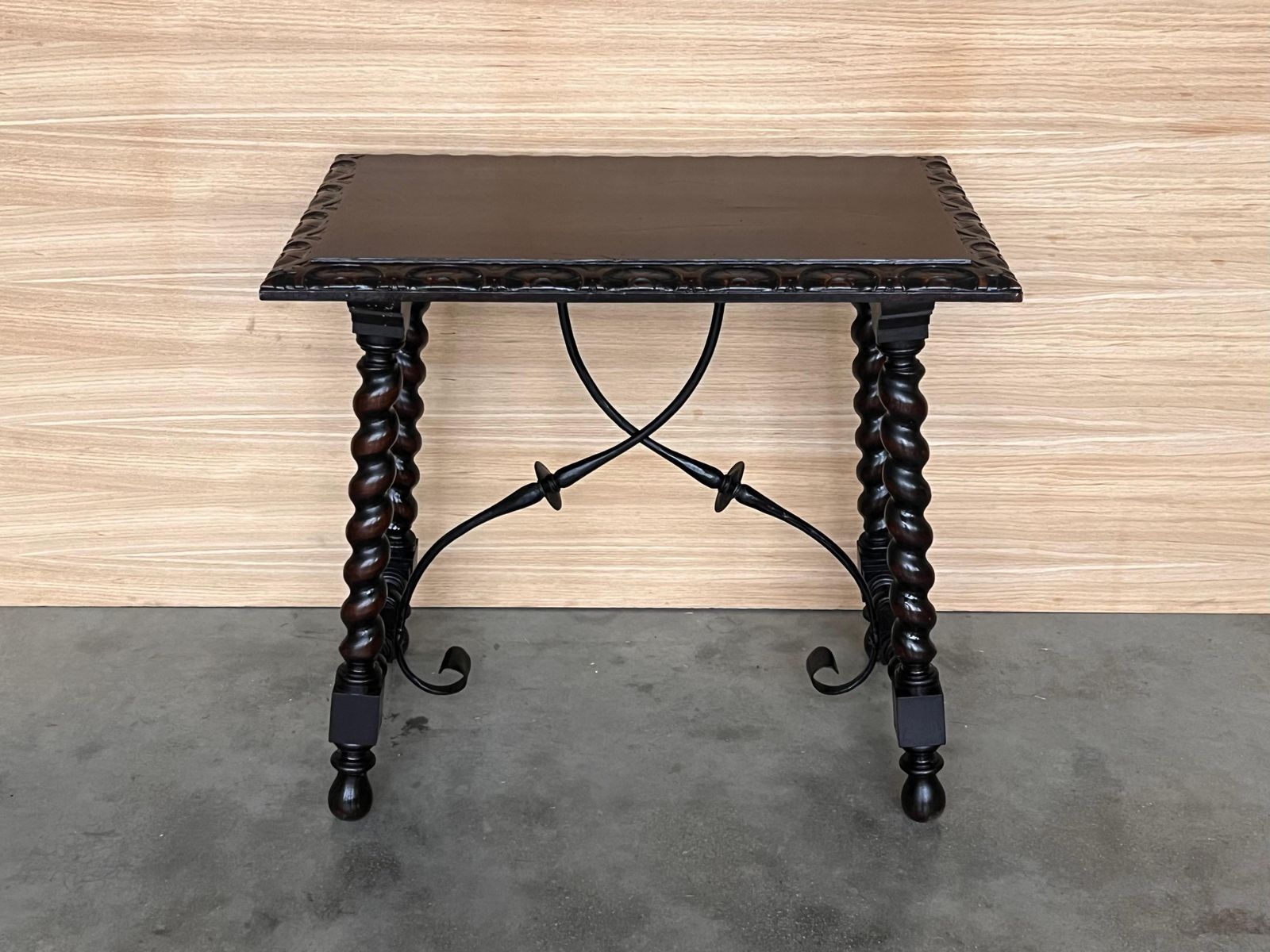 19th Spanish Side Table With Cared Turned Legs And Iron Stretcher photo for sale