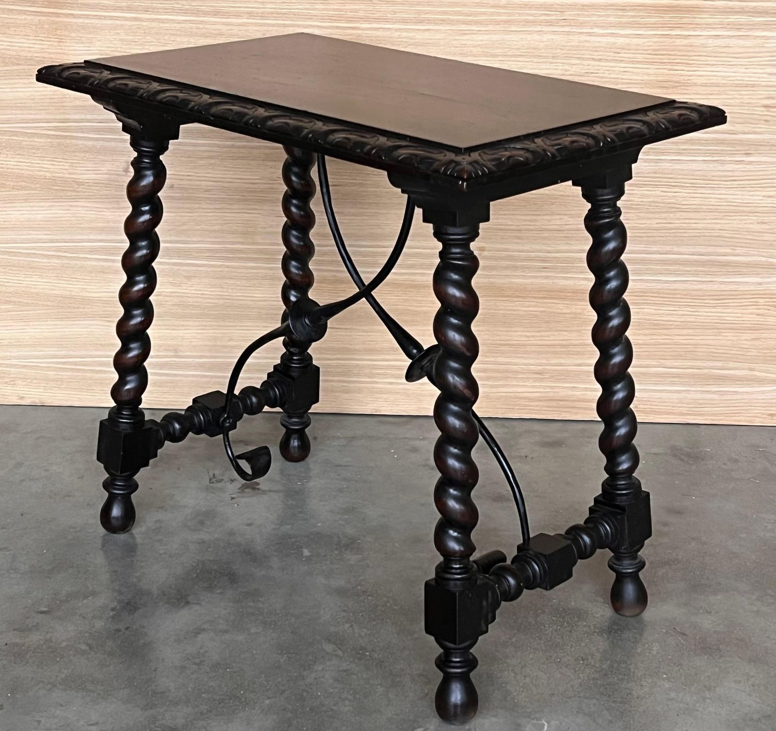 19th Spanish Side Table With Cared Turned Legs And Iron Stretcher photo vinterior