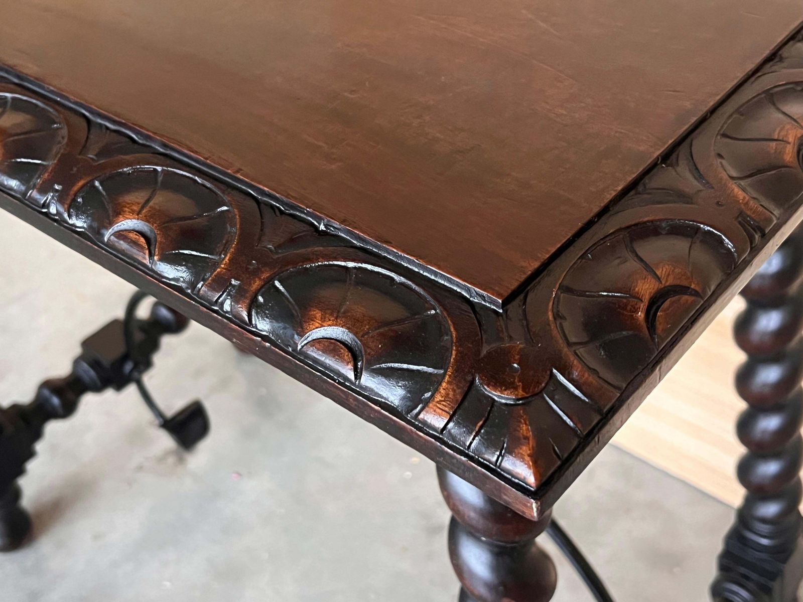 19th Spanish Side Table With Cared Turned Legs And Iron Stretcher photo vintage