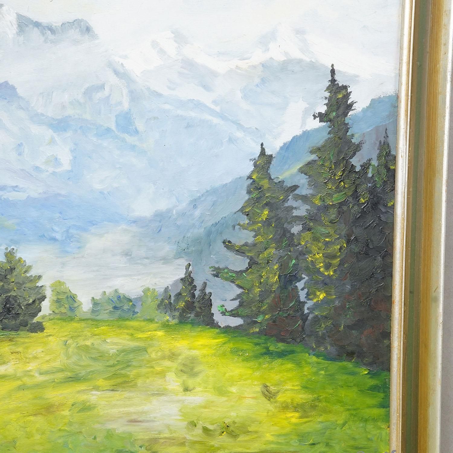 Alpine Landscape Painting With Meadow, Trees And Mountains photo 794.0