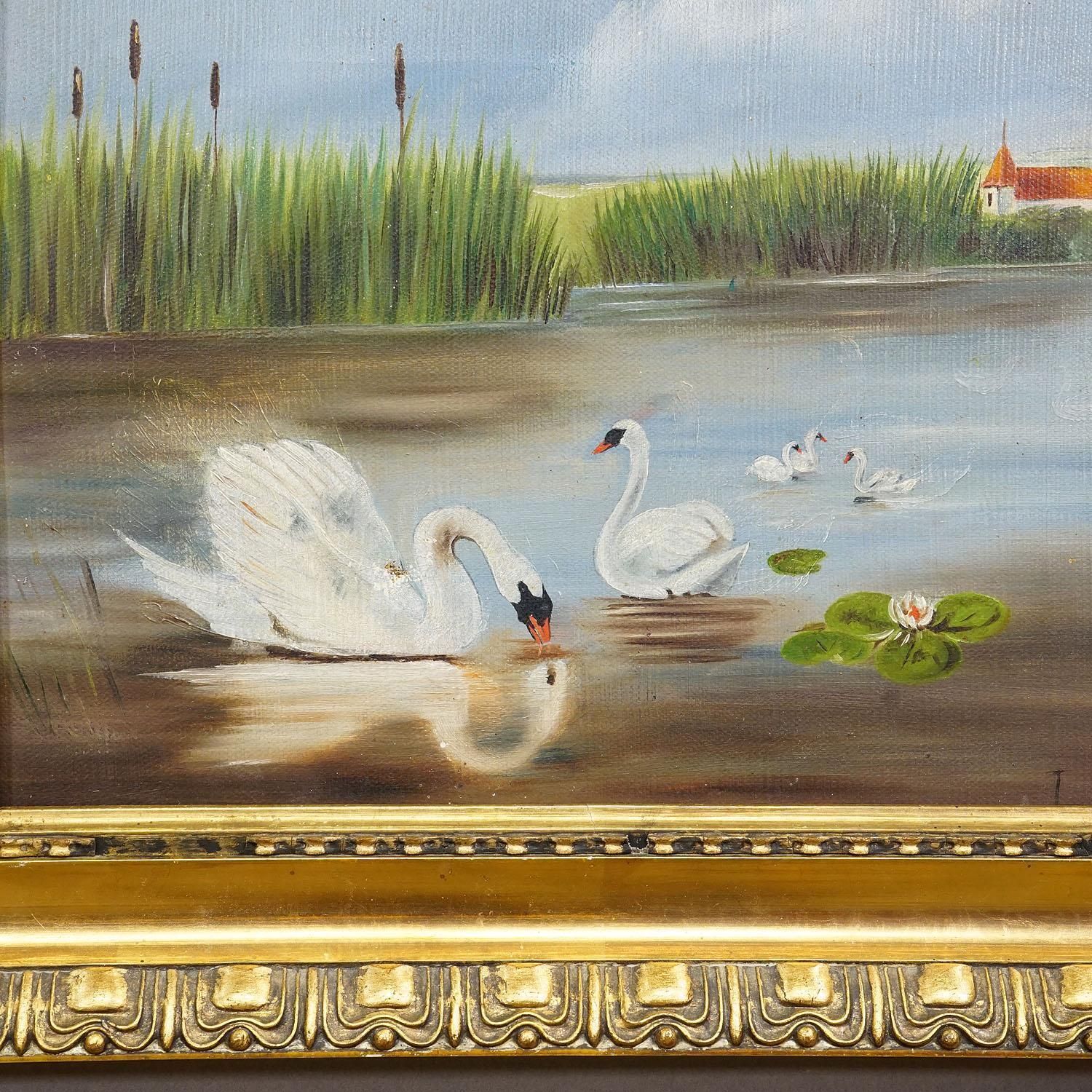 19th Century Biedermeier Painting With Swans On A Lake photo for sale