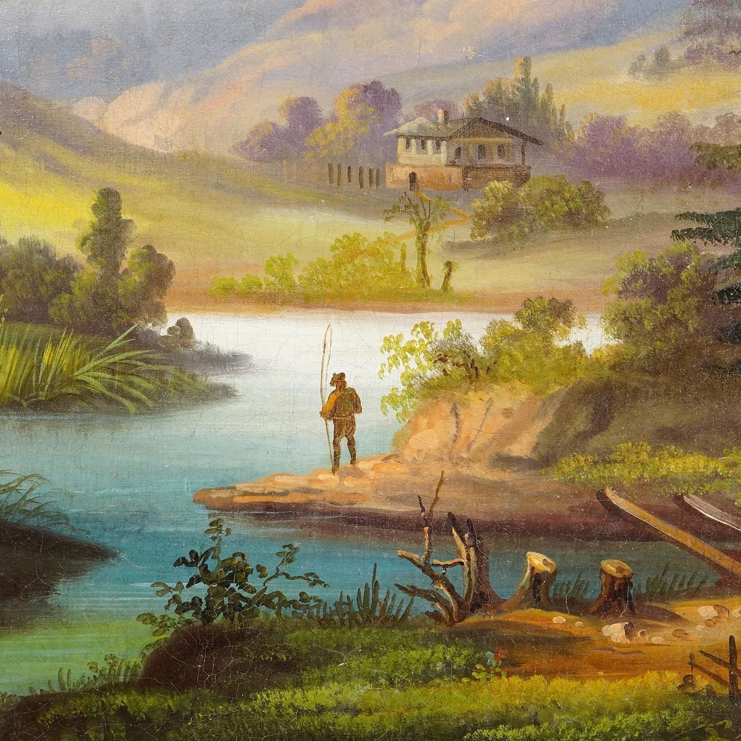 19th Century Biedermeier Landscape Painting With River And Mountain Hut photo Art
