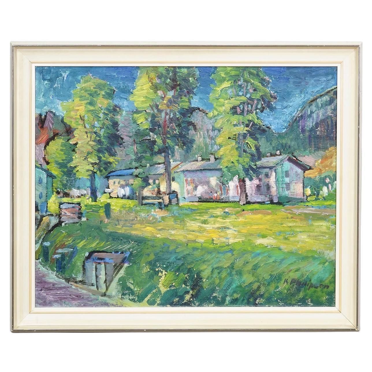 Impressionistic Painting Of A Garden With Buildings In The Background