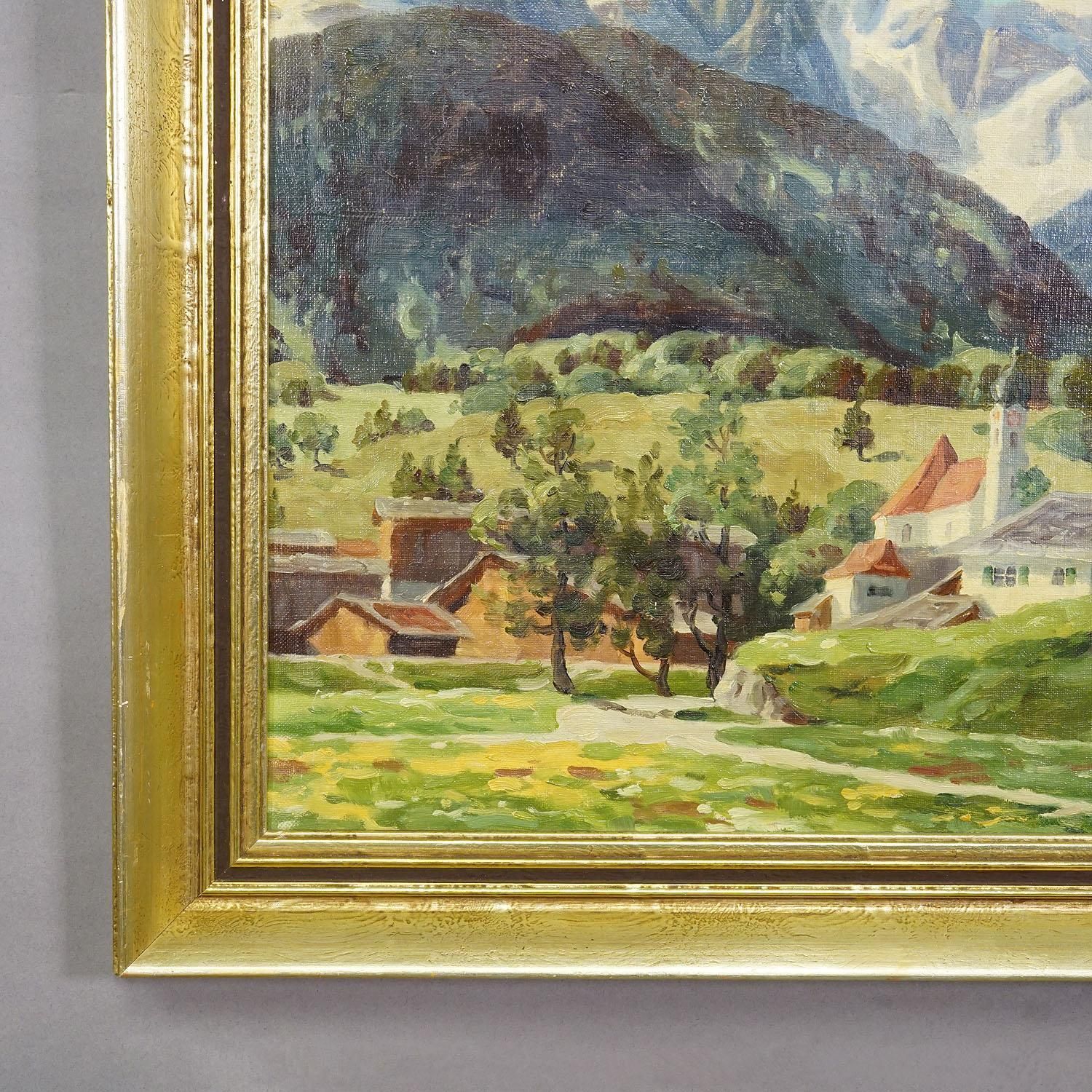 Alpine Landscape Oil Painting With Tyrolean Mountain Village photo for sale