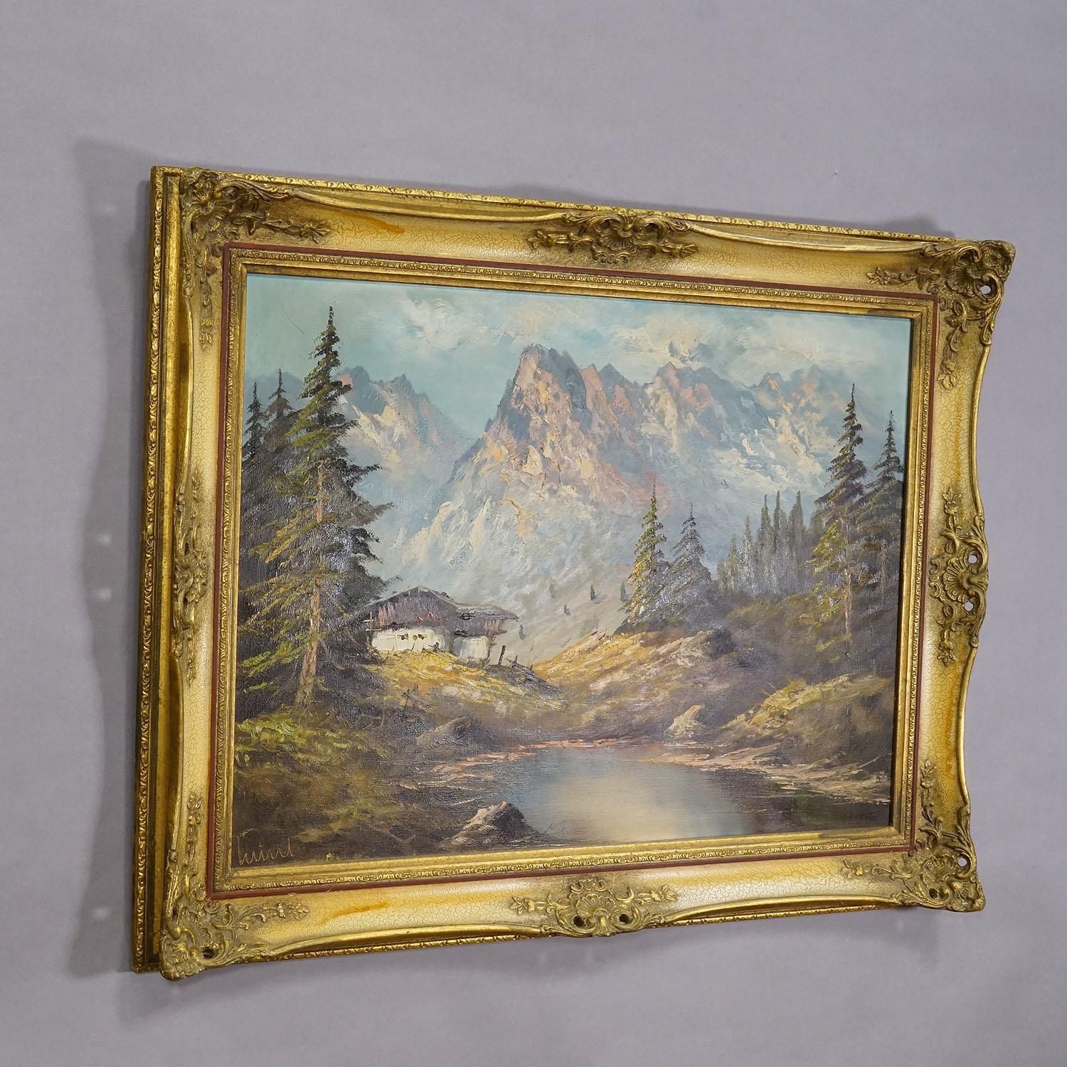 Alpine Landscape Oil Painting With Tyrolean Mountain Hut photo furniture