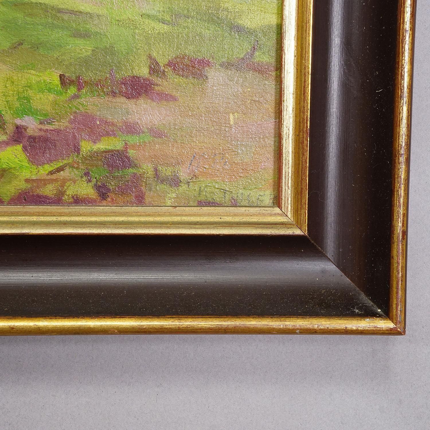 Alpine Lake View Oil Painting With Tyrolean Hut photo vinterior