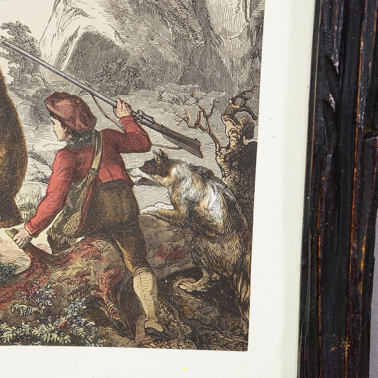 Antique Lithography Print Depicting A Bear Hunt 19th Century photo Art