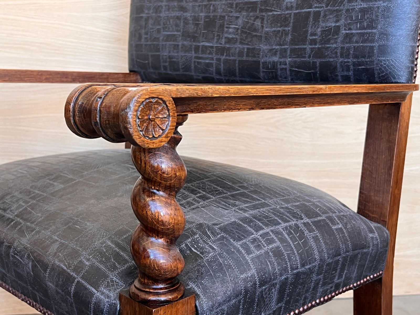 19th Spanish Carved Walnut Armchair With New Black Leather And Solomonic Columns photo vintage
