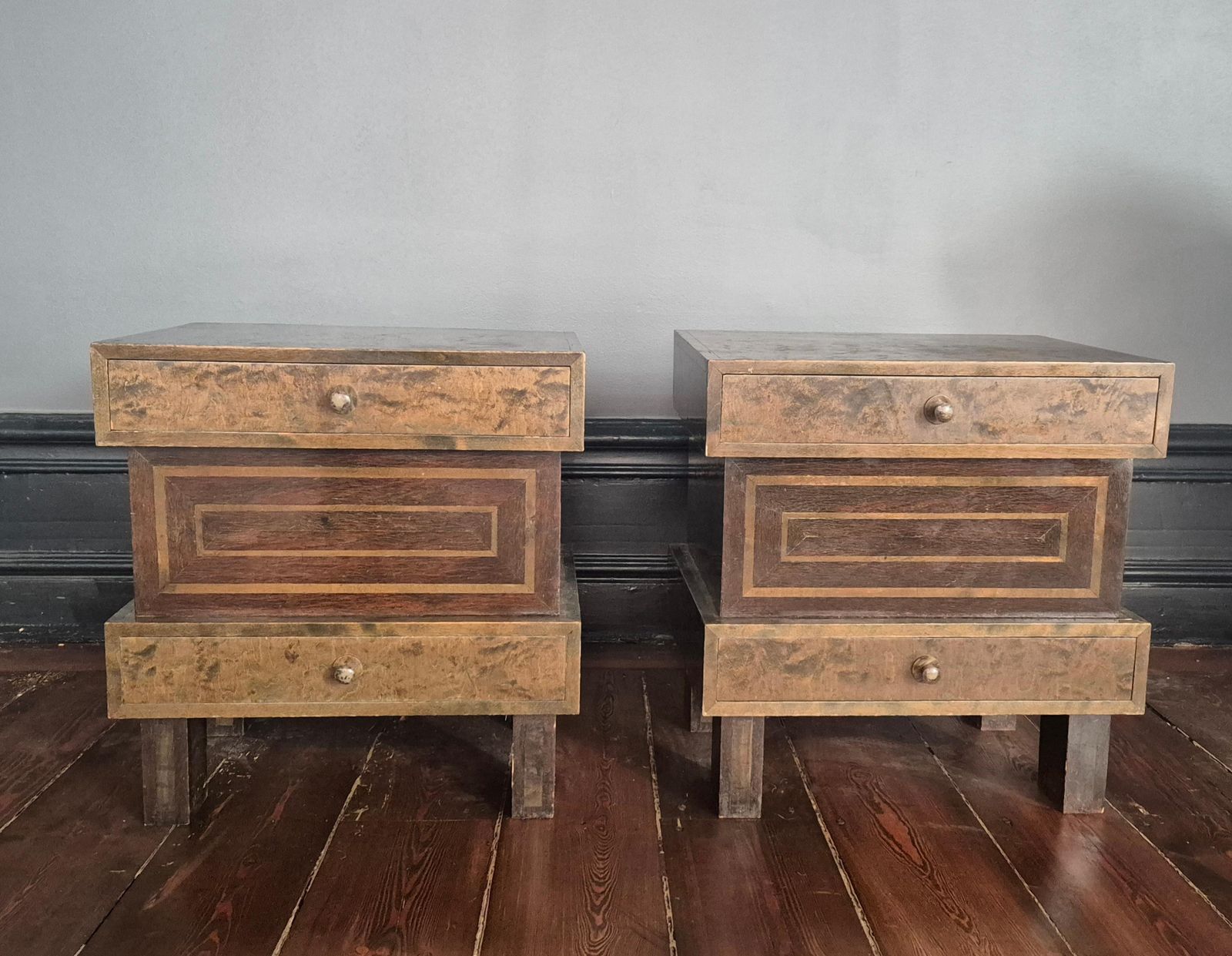 Bedside Tables In Stained Curly Birch, Art Deco, Finland 1930s photo for sale