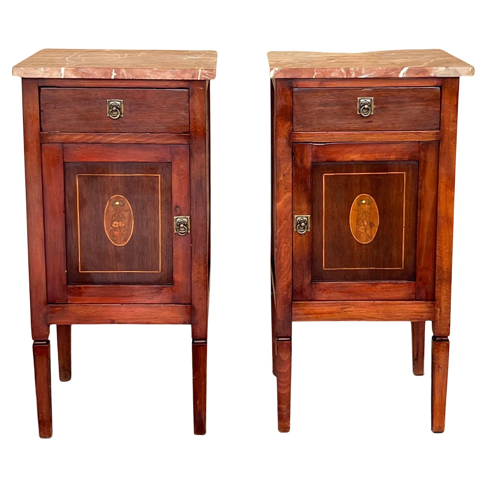 Pair Of Italian Marquetry Nightstands With Bronze Crest, Drawers And Doors