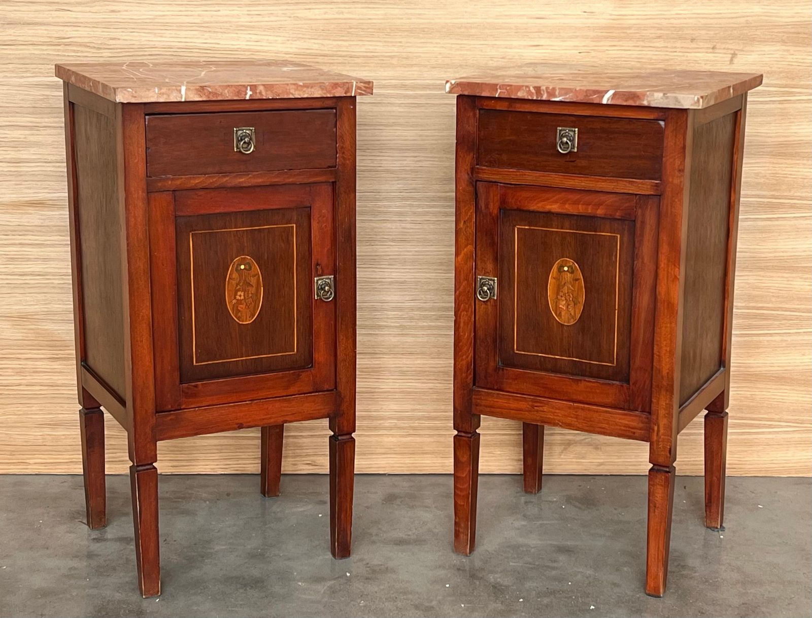 Pair Of Italian Marquetry Nightstands With Bronze Crest, Drawers And Doors photo buy
