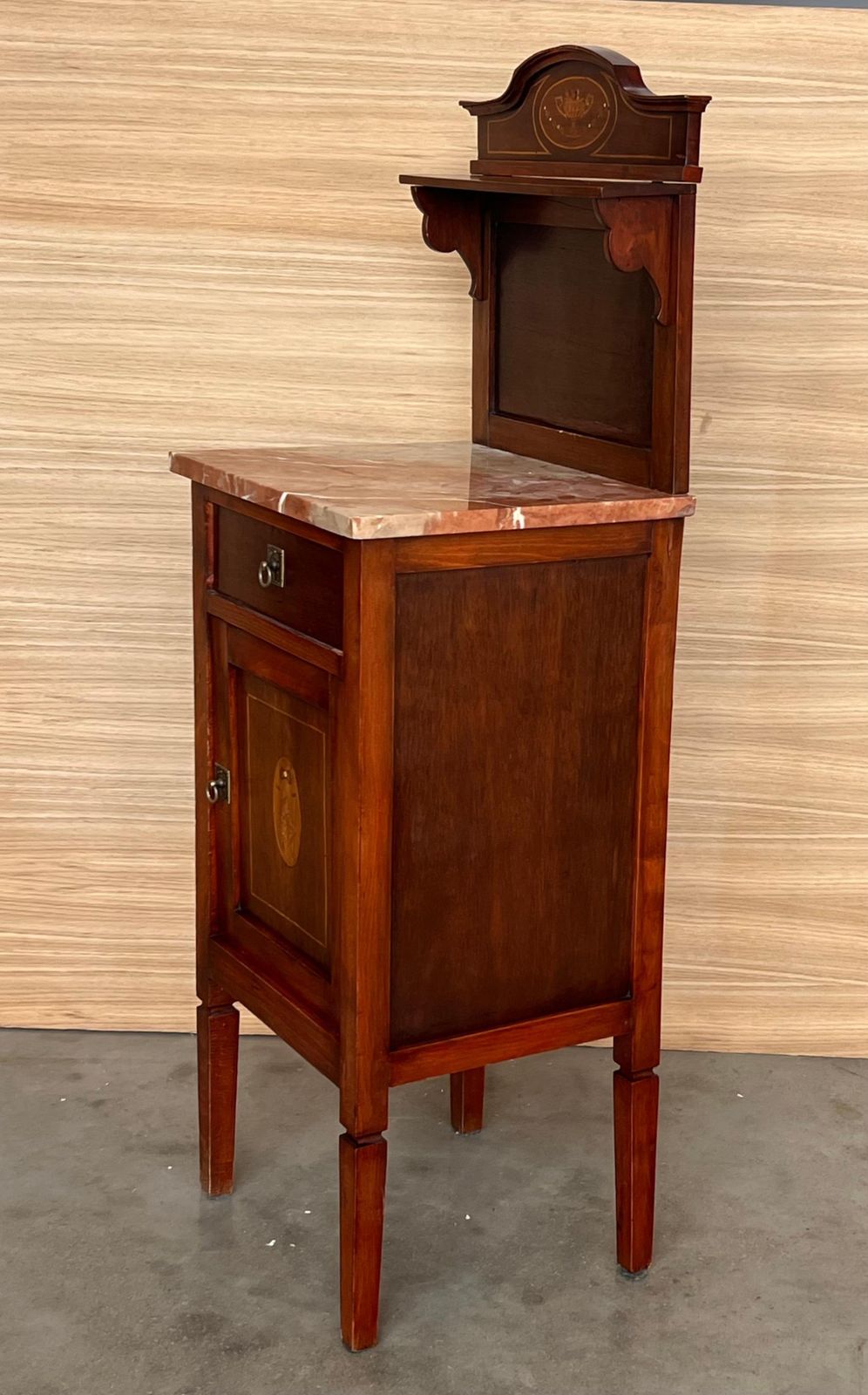 photo for sale Pair Of Italian Marquetry Nightstands With Bronze Crest, Drawers And Doors