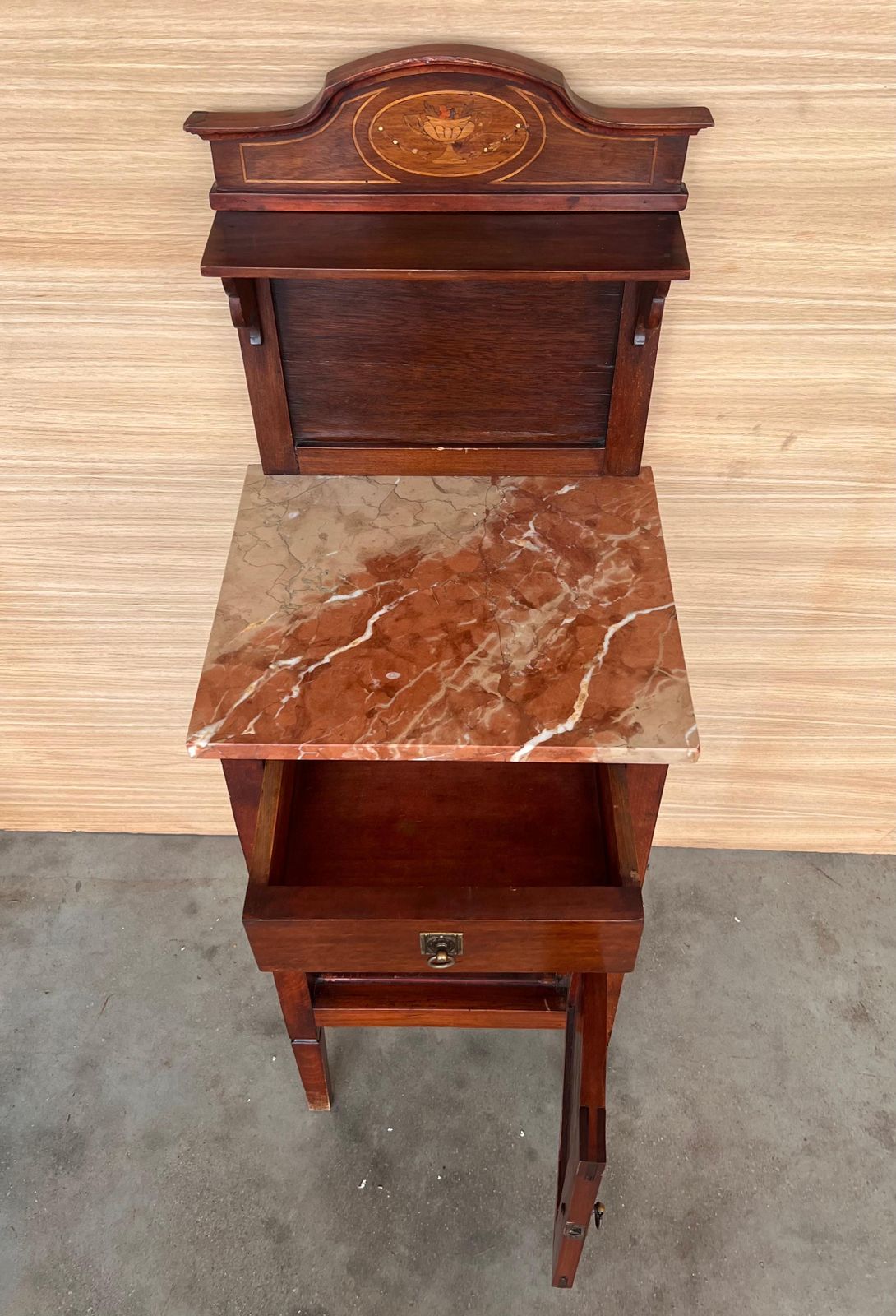 Furniture Pair Of Italian Marquetry Nightstands With Bronze Crest, Drawers And Doors photo