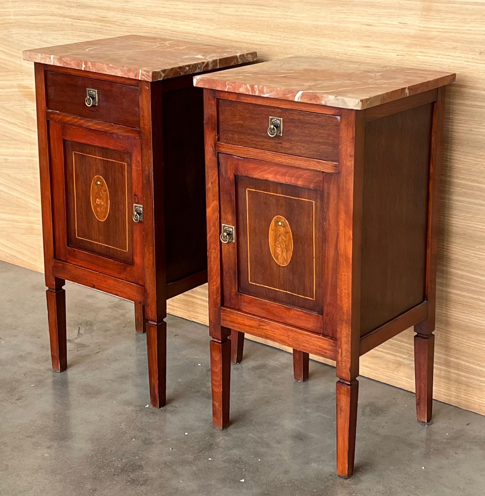 photo furniture Pair Of Italian Marquetry Nightstands With Bronze Crest, Drawers And Doors