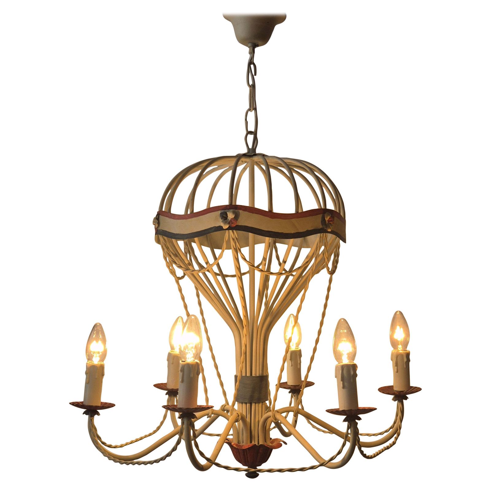 French Gilt Iron And Painted Tôle  Hot Air Balloon Chandelier, Mid 20th Century