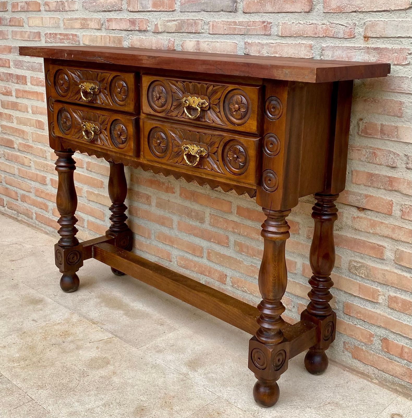 Early 20th Century Spanish Carved Console Table With Four Drawers, 1930s photo vinterior
