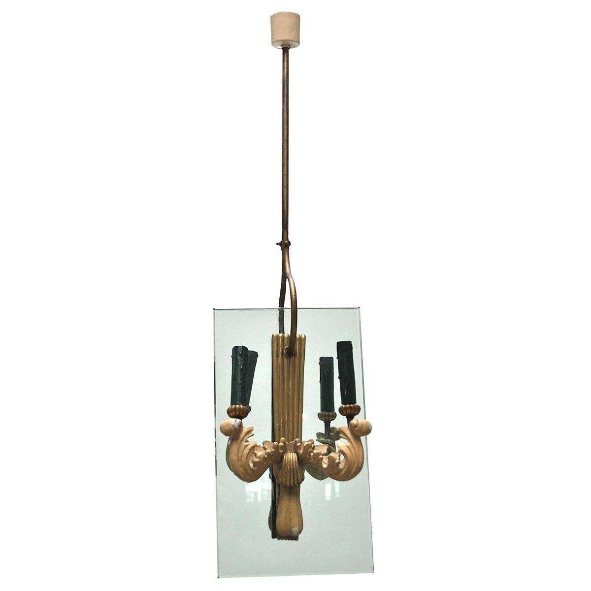 Pietro Chiesa Style Midcentury Chandelier In Brass And Crystal, 1940s