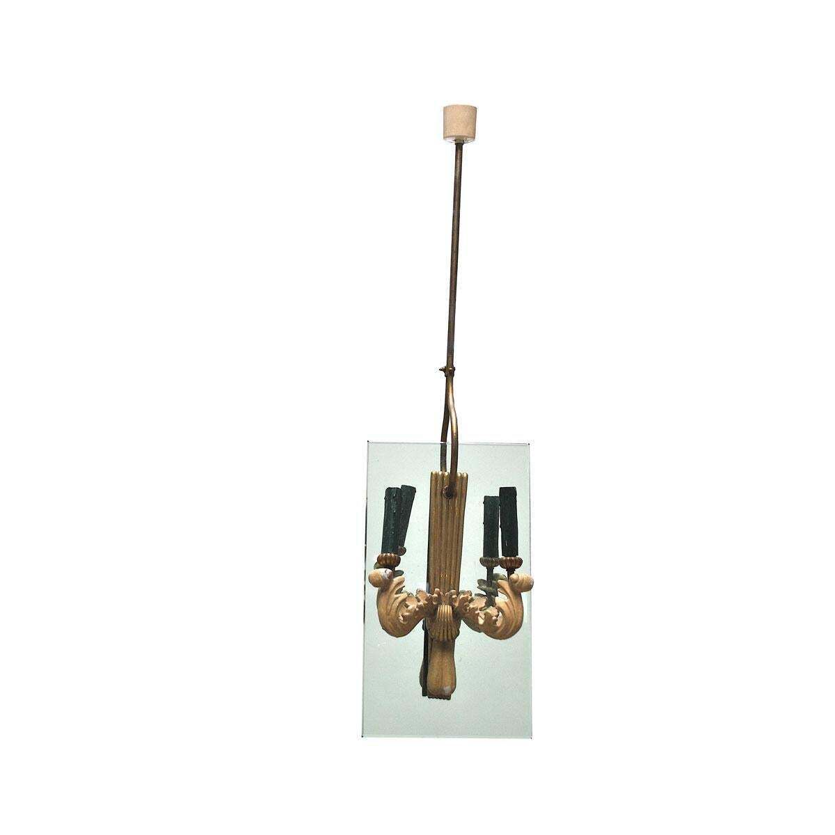 Pietro Chiesa Style Midcentury Chandelier In Brass And Crystal, 1940s photo furniture