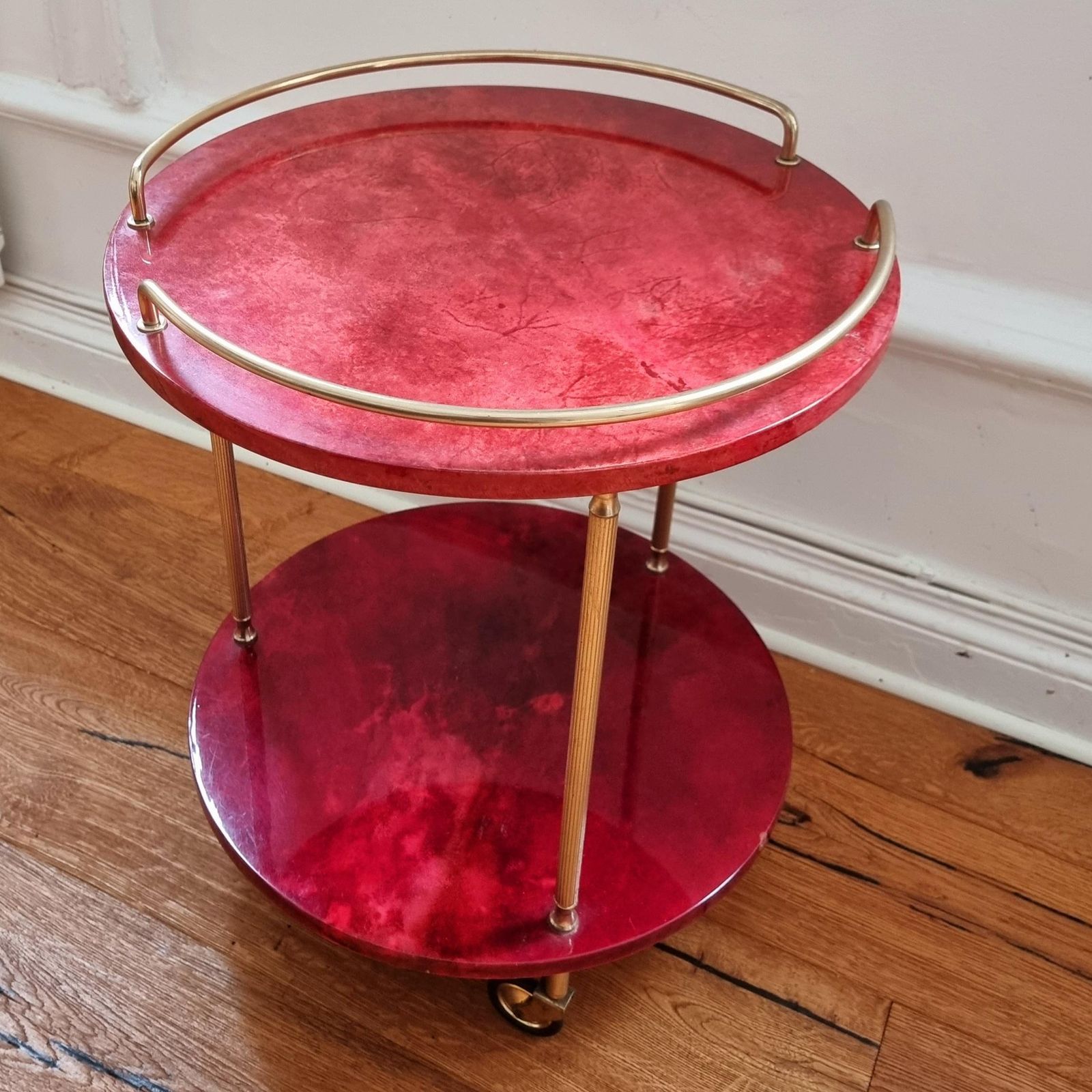 Aldo Tura, Bar Cart, Red Goatskin, Italian Midcentury / Hollywood Regency photo furniture