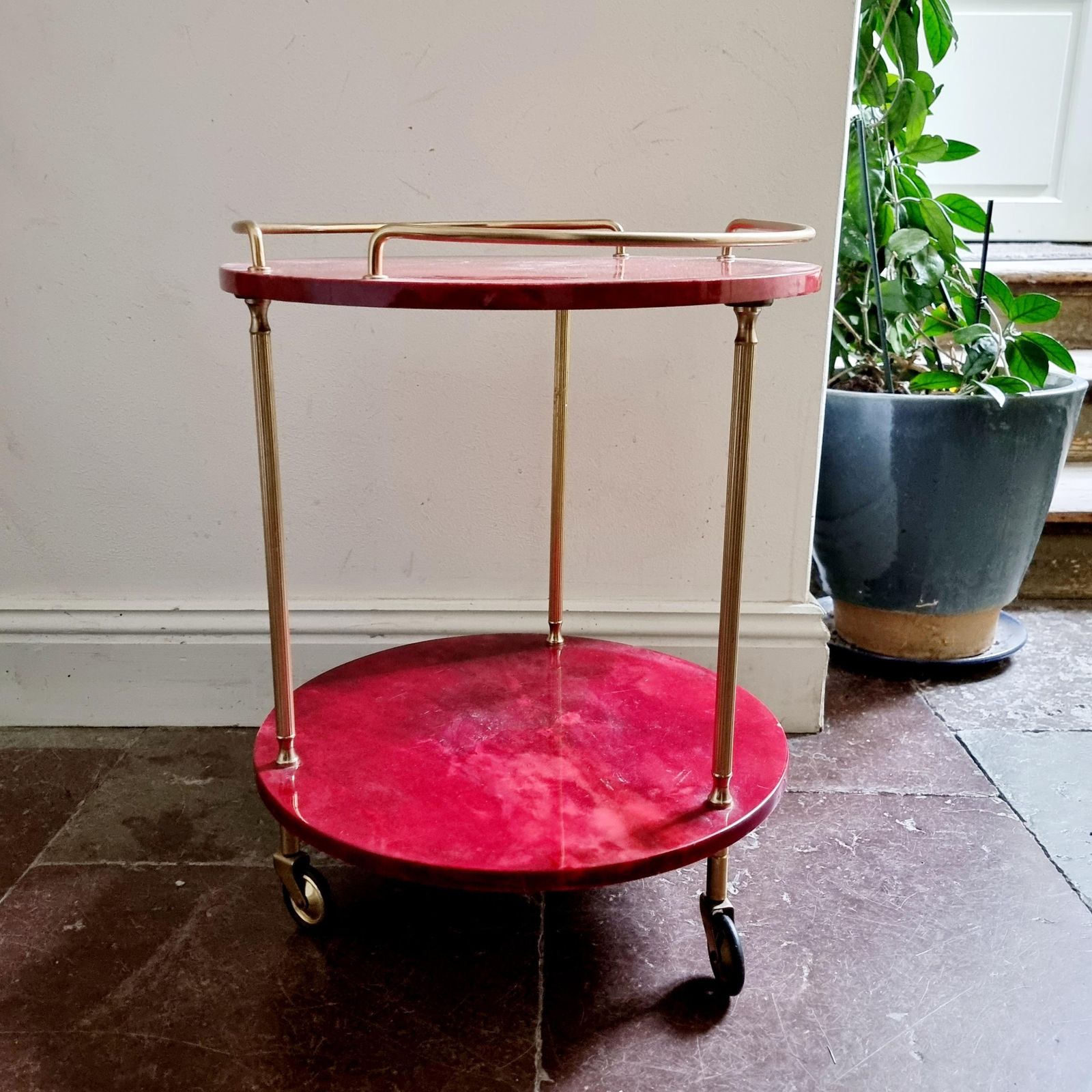 Home Decor Aldo Tura, Bar Cart, Red Goatskin, Italian Midcentury / Hollywood Regency photo