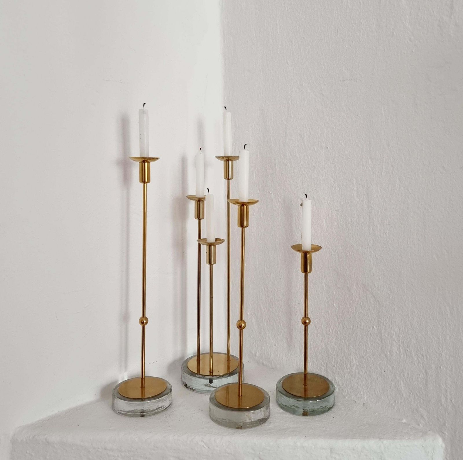 Gunnar Ander, Four Candle Holders, Brass & Glass, Ystad Metall, Swedish Modern photo for sale