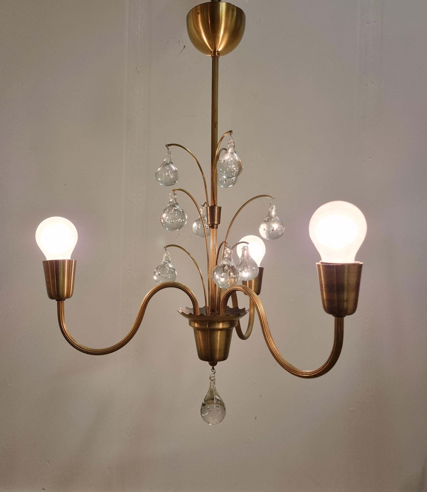 Swedish Grace, Decorative Brass & Glass Pendant / Chandelier, 1940/50s photo vinterior