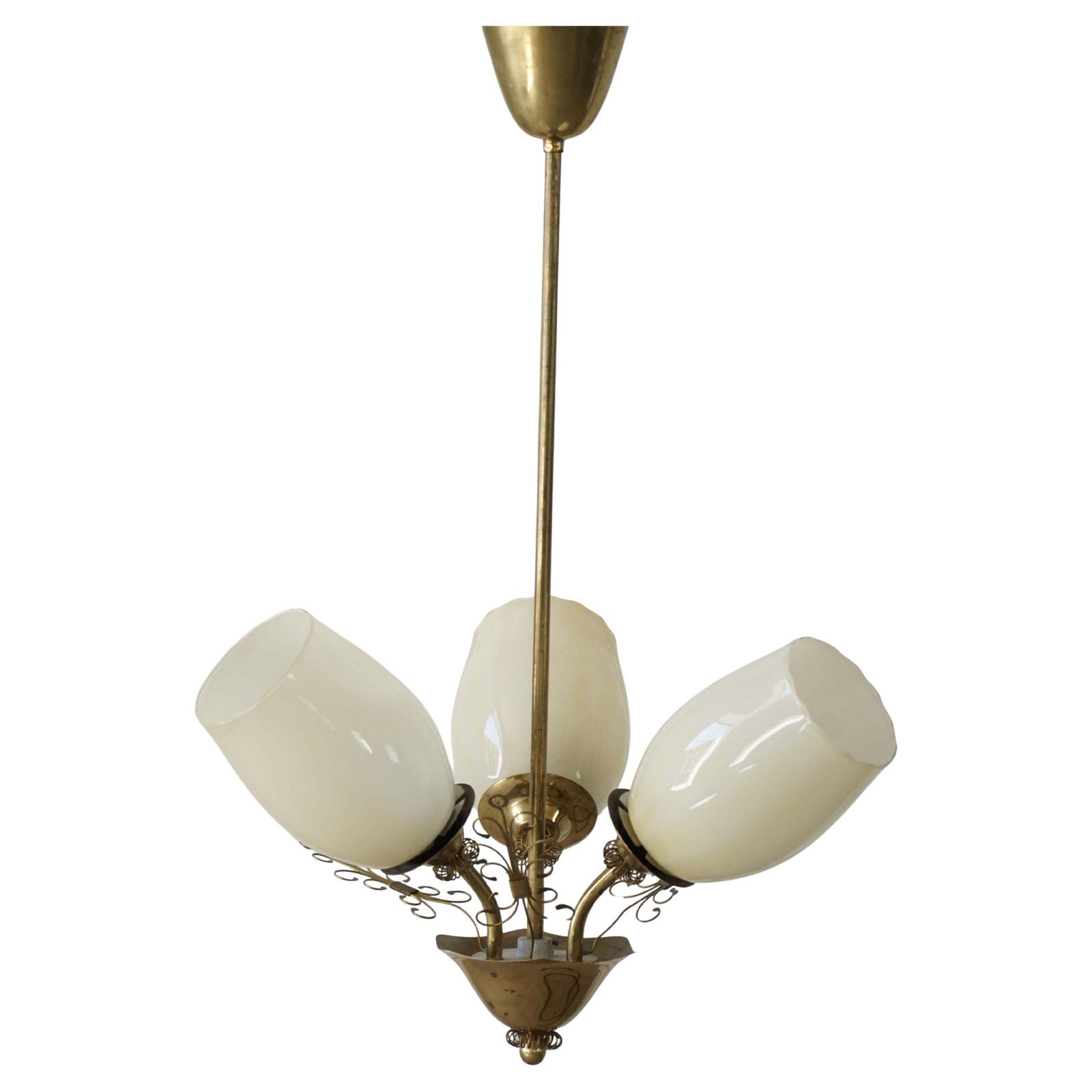 Paavo Tynell For Idman Oy, 3 Arm Chandelier In Brass & Glass, Mid Century, 1940s